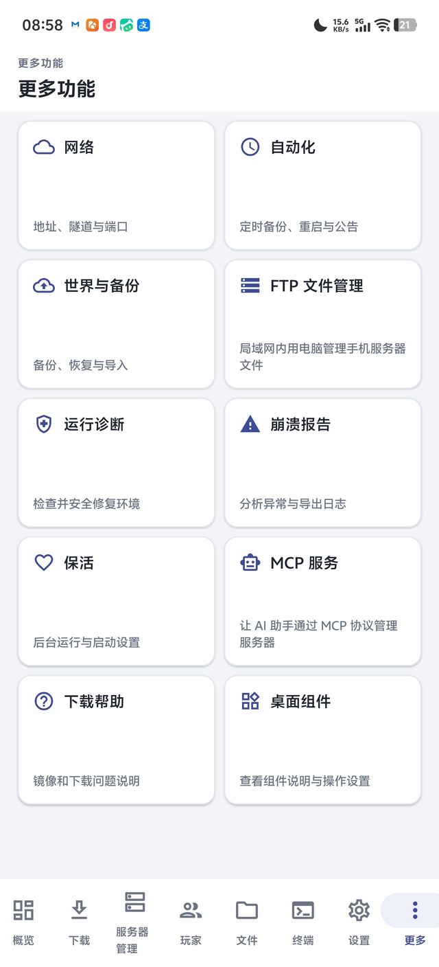 More: network, automation, FTP, crash reports, MCP, widgets